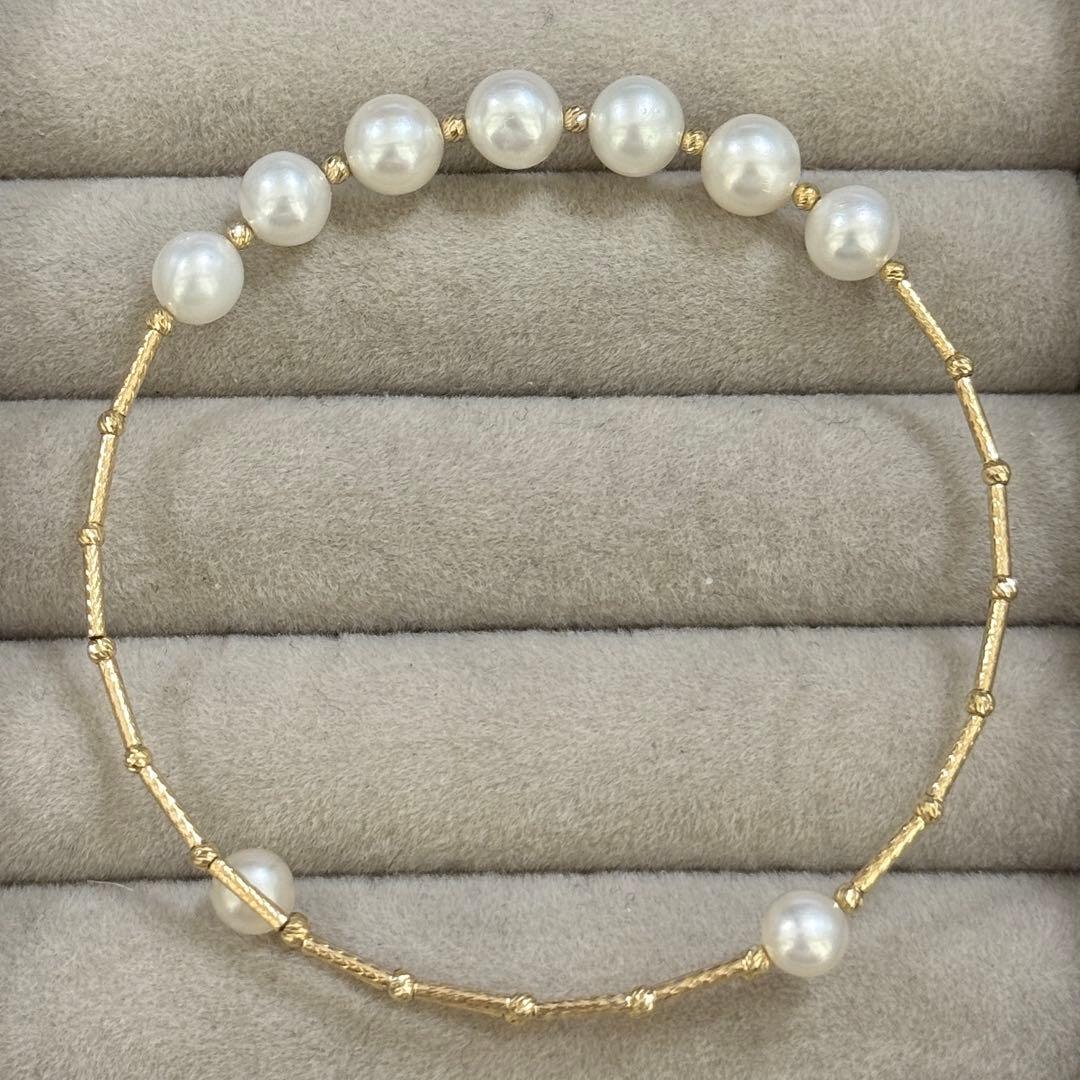 K18淡水パール　デザインブレスレット　バングル　本真珠