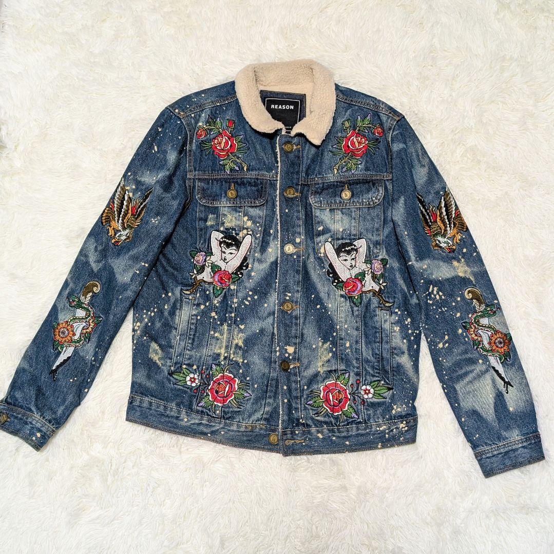 REASON 刺繍　デニムジャケット ボア襟　Lサイズ　ダメージ加工Gジャン