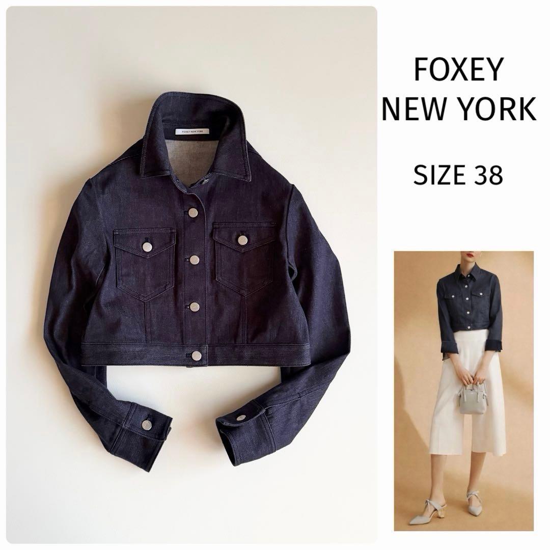 美品 【フォクシー】クロップド デニムジャケット メタルボタン ロゴパッチ 38