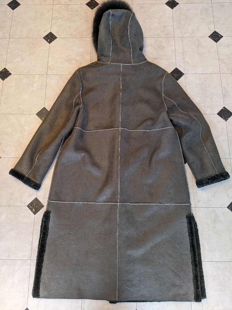 フェイクムートンロングコート フォックスファー付きフード 大きいサイズ 3XL