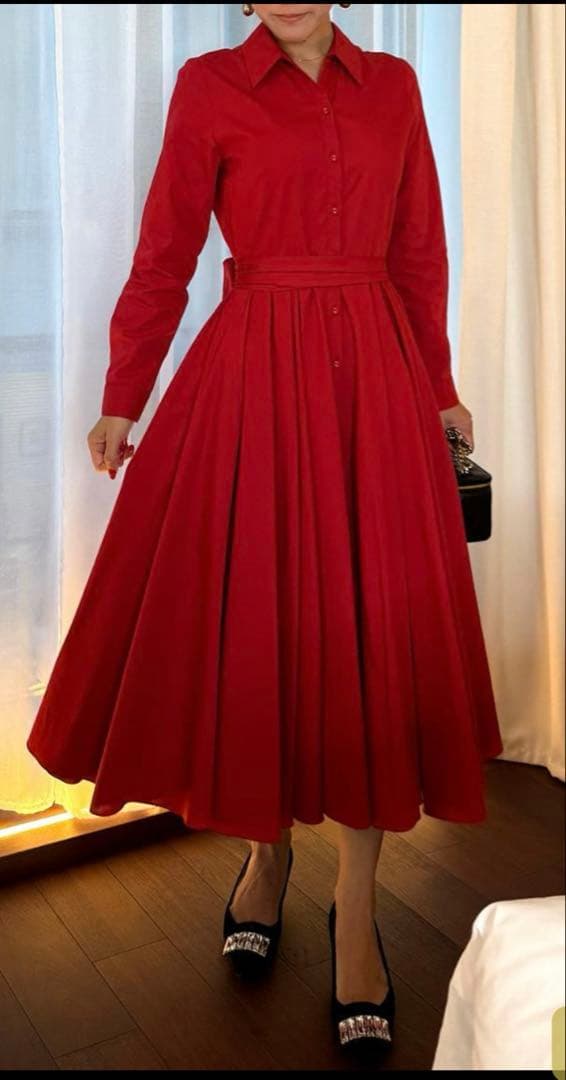 JENNEオードリールックエアリーワンピース長袖Sレッド定価27500