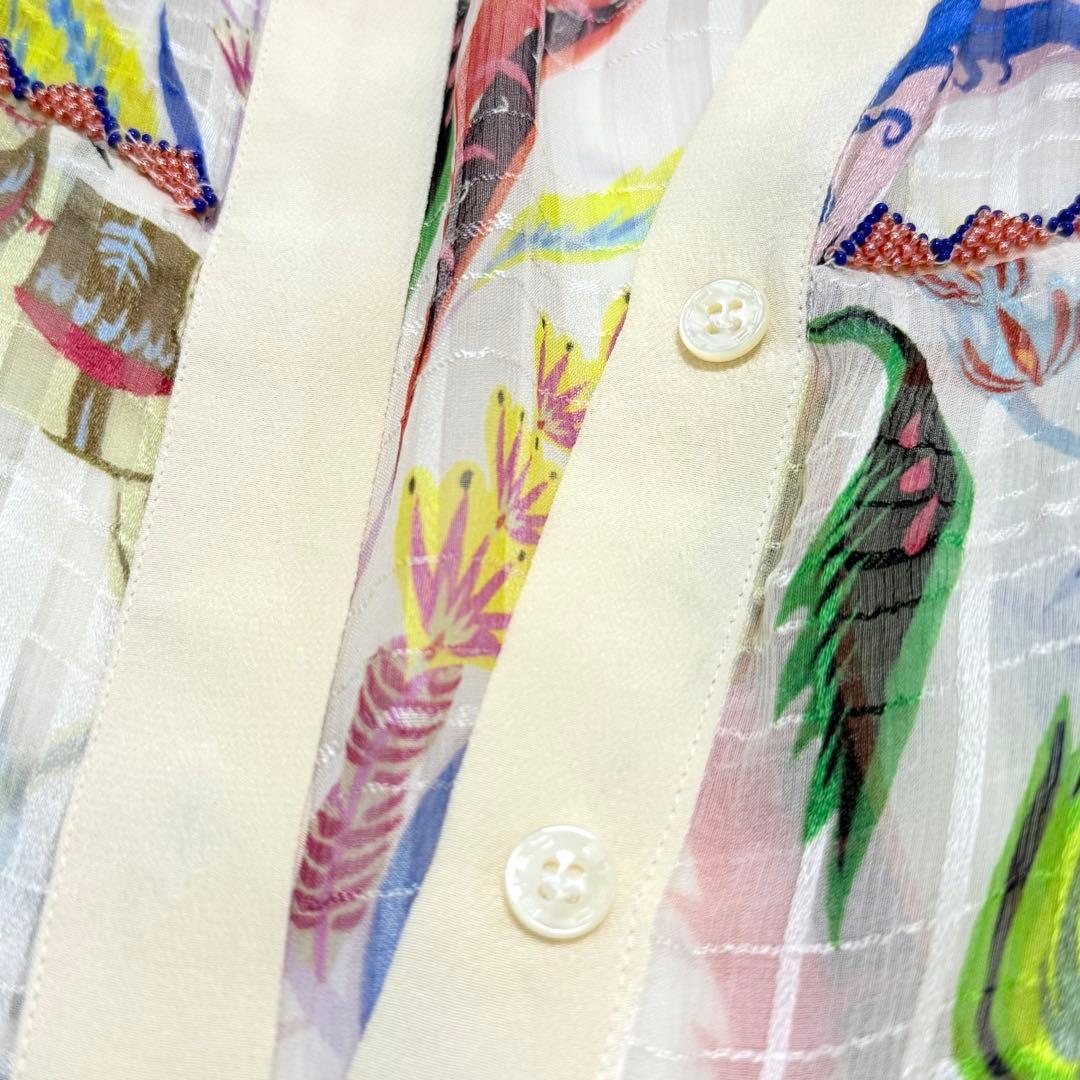 未使用級✨エトロ✨シルク　ボタニカル柄シアーブラウス（M）ビーズ　馬　お袖リボン