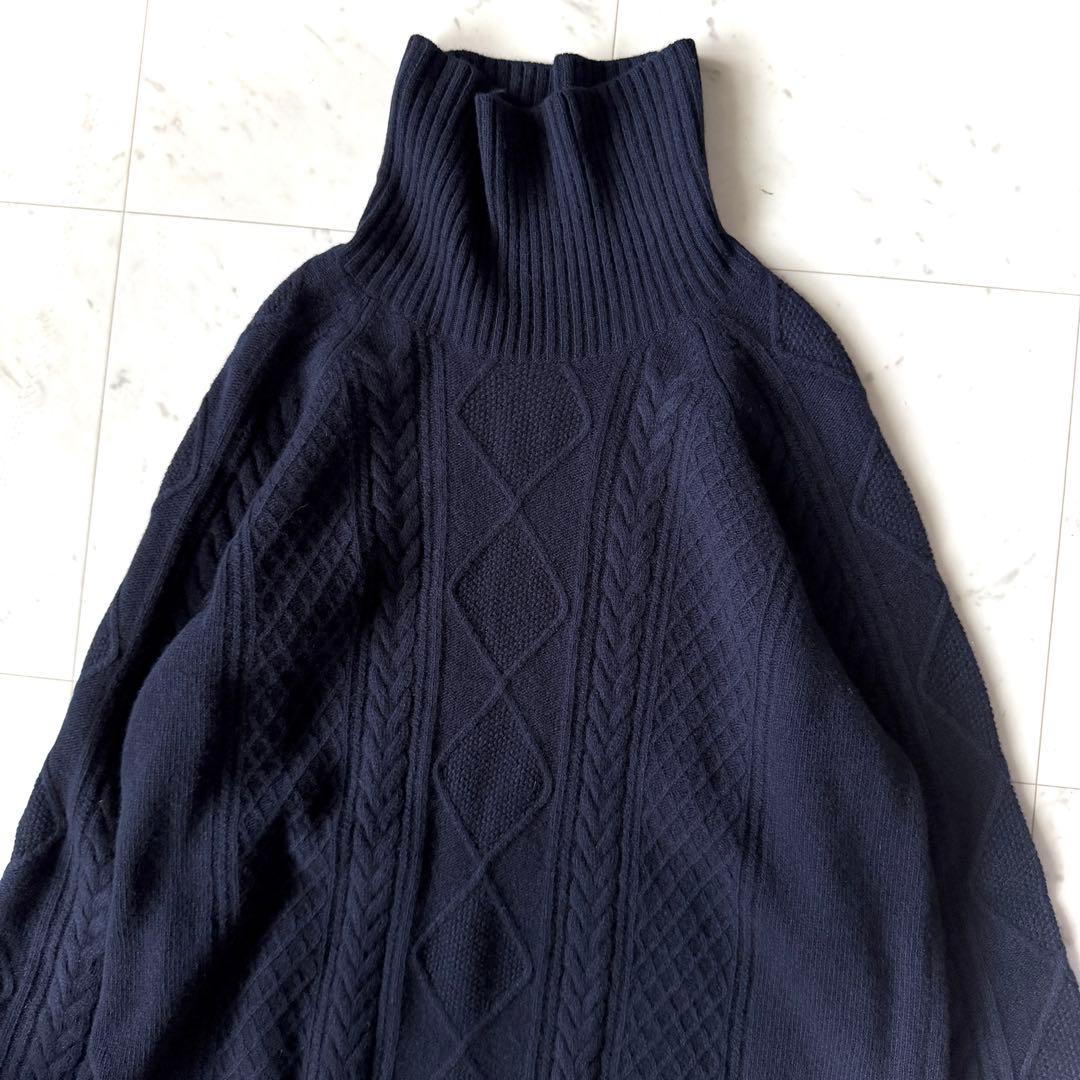 美品 ダーマコレクション カシミヤ混 ケーブル編み ニットワンピース ネイビー