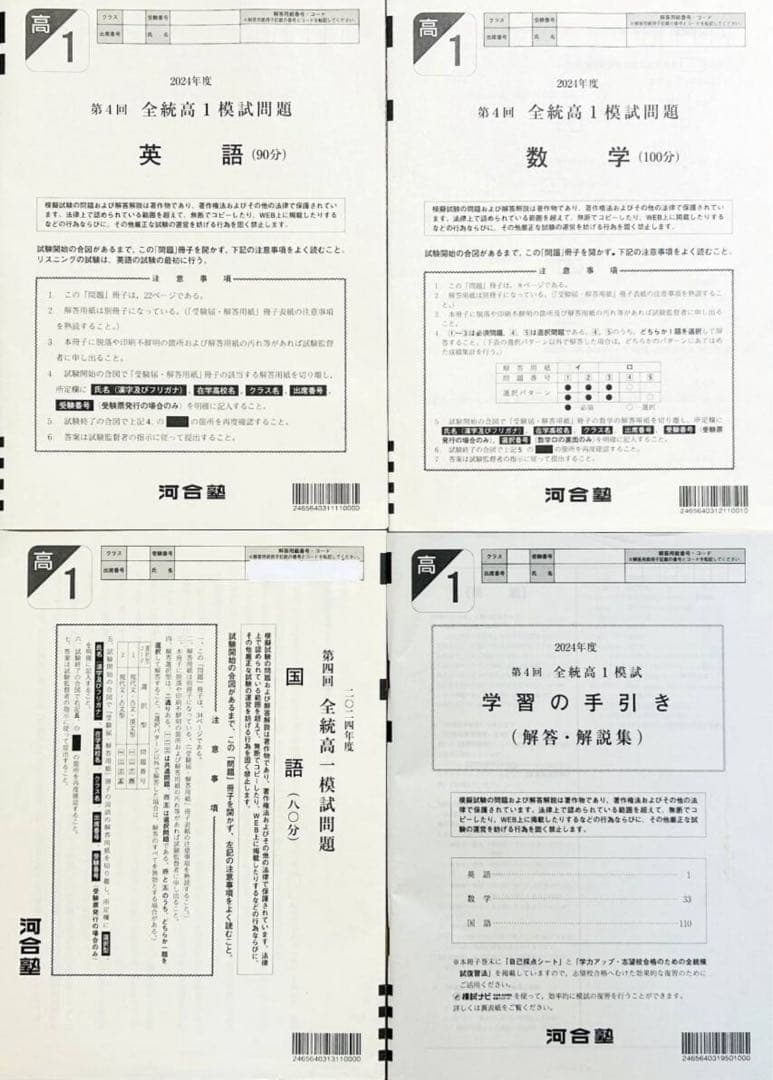 河合塾 ２０２５年１月実施 ２０２４年度第４回全統高１模試(解答解説付)