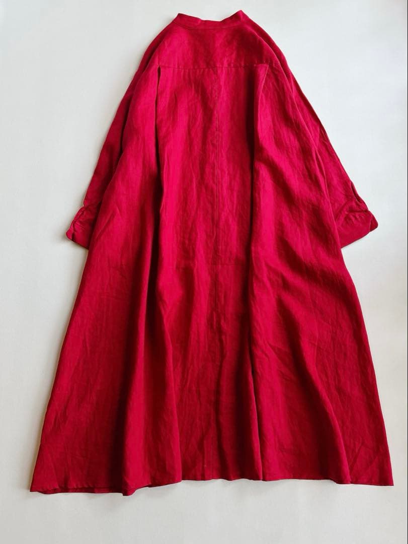 新品 OMEKASI ⿻ リネン バンドカラーワンピース ルーズ 赤 ゆったり