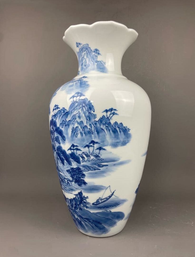 有田焼名工 緒方松右衛門 染付山水文 大花瓶 桔梗渕 飾壷 花器 花入 和風