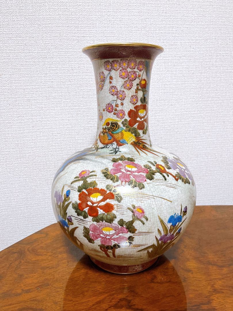 貴重 薩摩焼 色絵金彩花鳥細密絵付大花瓶 高さ39㎝ 勇仙 古美術品