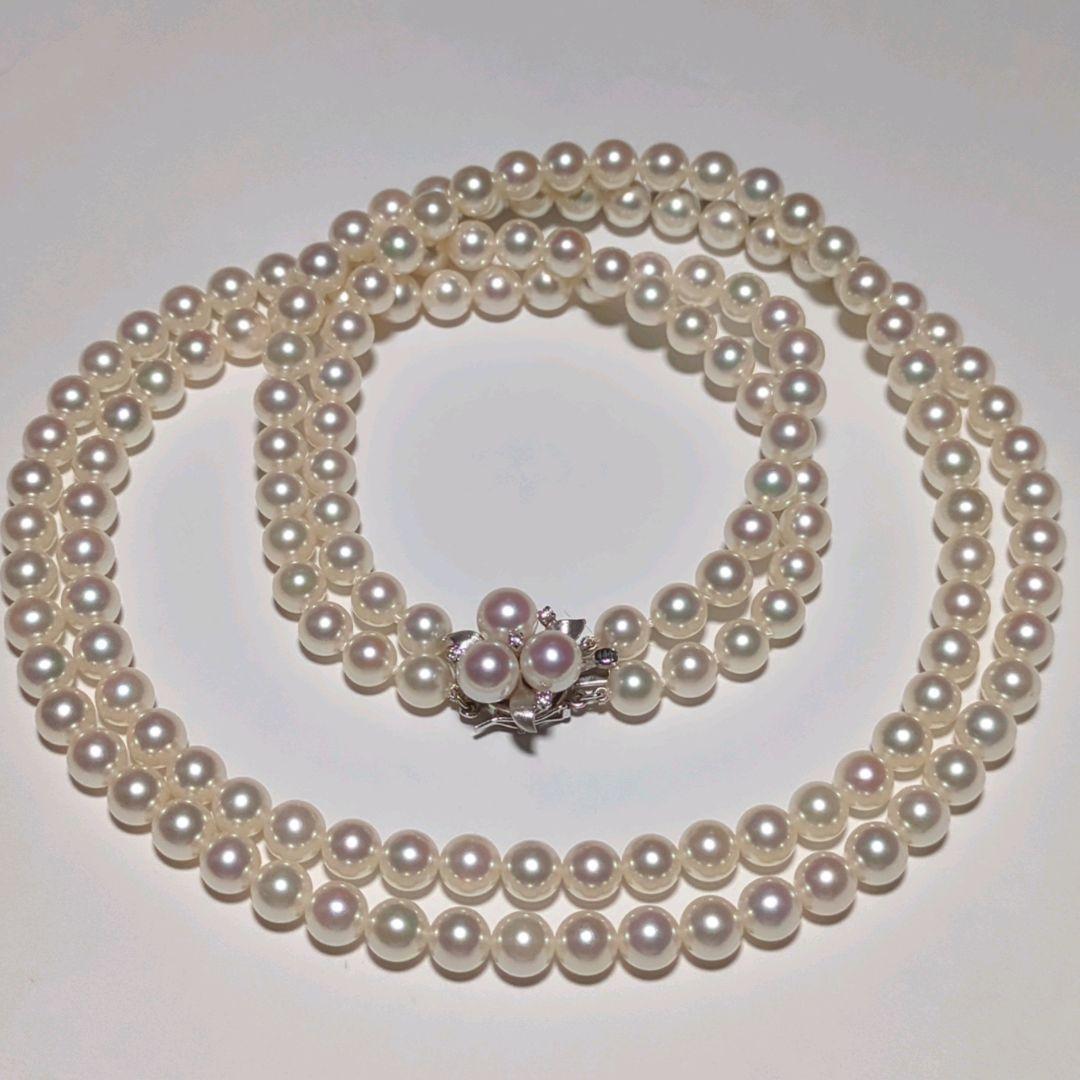 【ミキモト 2連 ダイヤ付】あこや真珠 ネックレス 約6.5-7.0mm 394