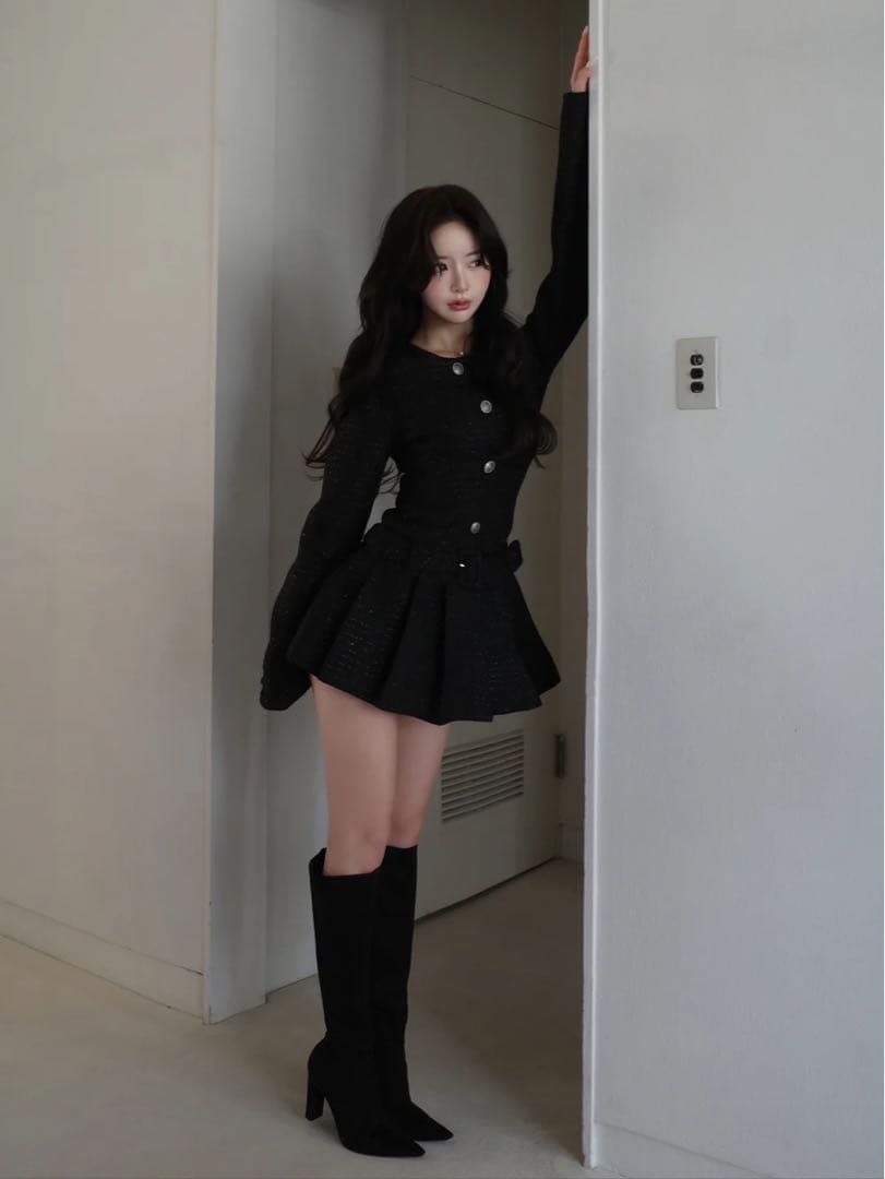 FL 黒 darich ダーリッチ ボックスプリーツツイードミニワンピース