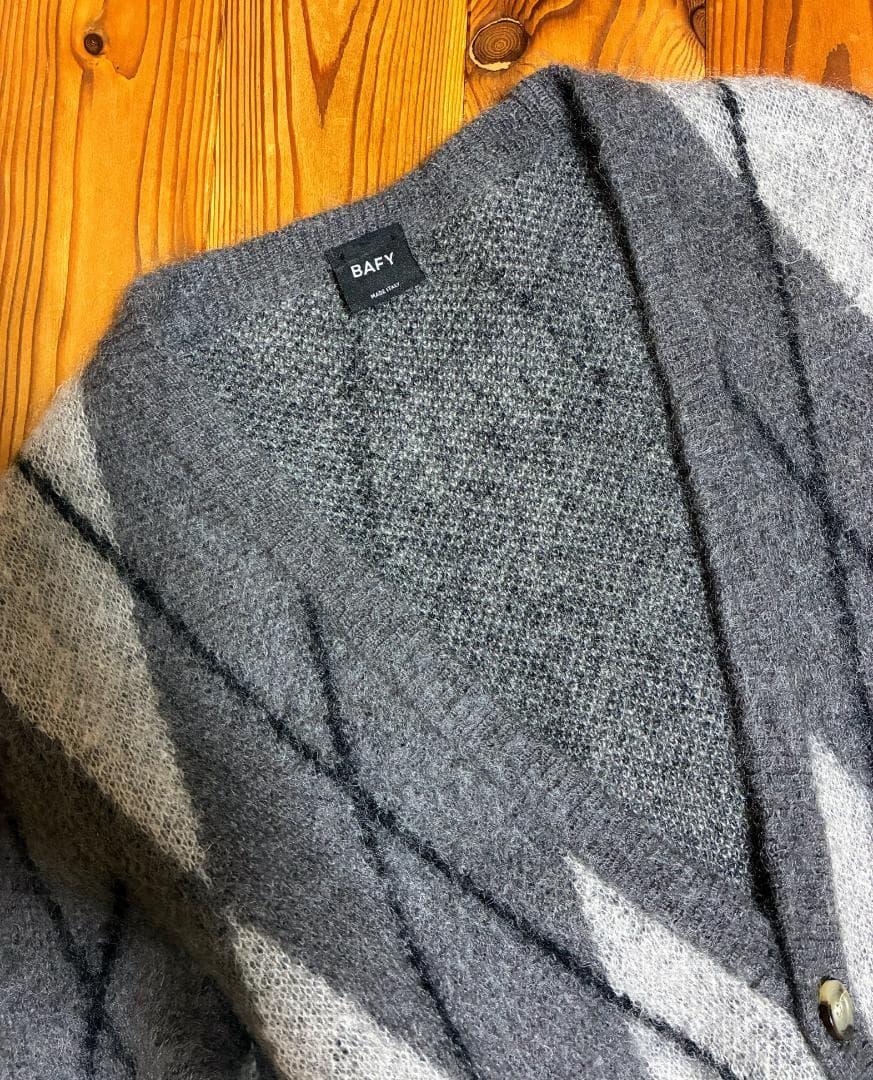 に*ょ様 BAFY モヘヤウールミドルゲージアーガイル柄ニットカーディガン 48