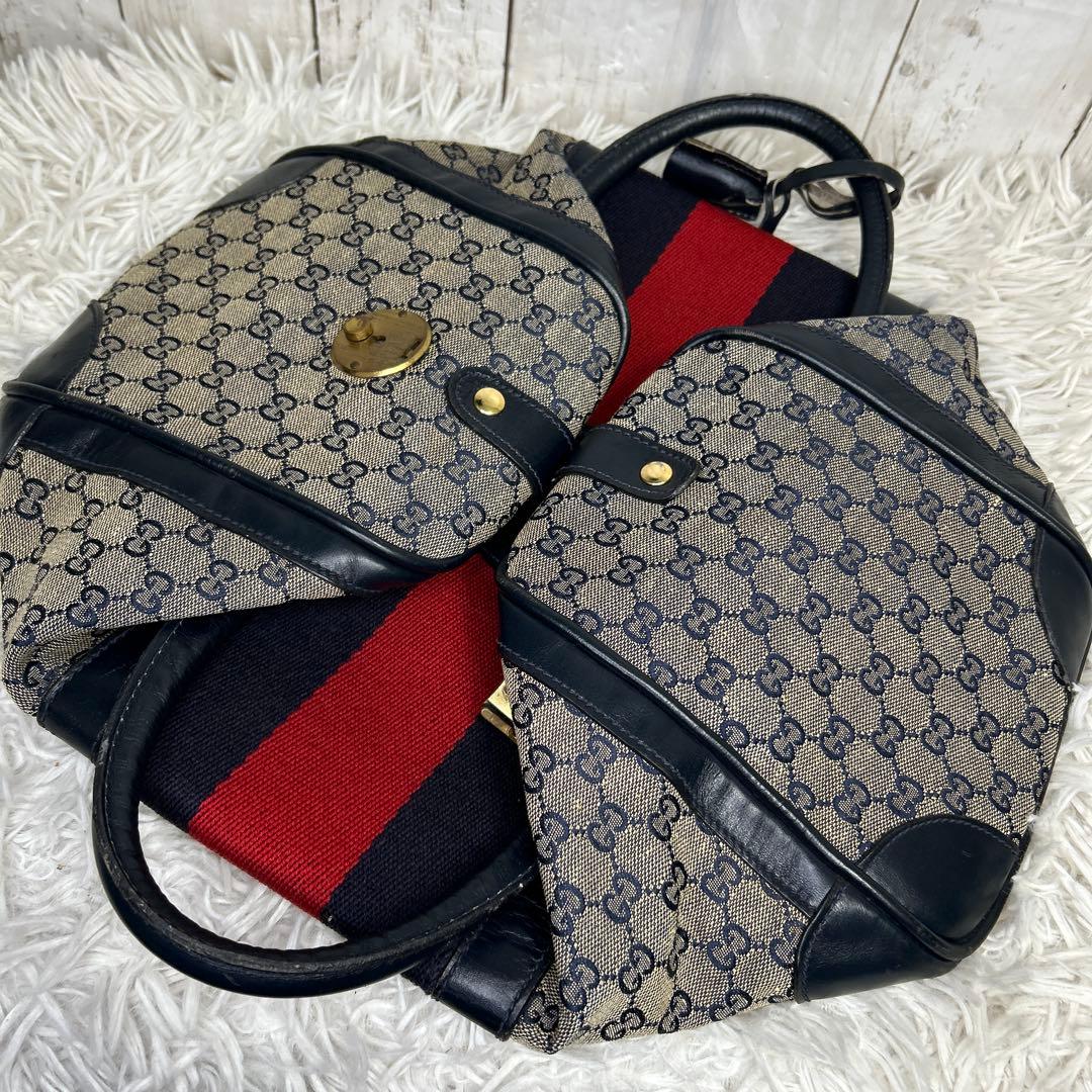 GUCCI GGキャンバス　シェリーライン　ボストンバッグ　ハンドバッグ　紺