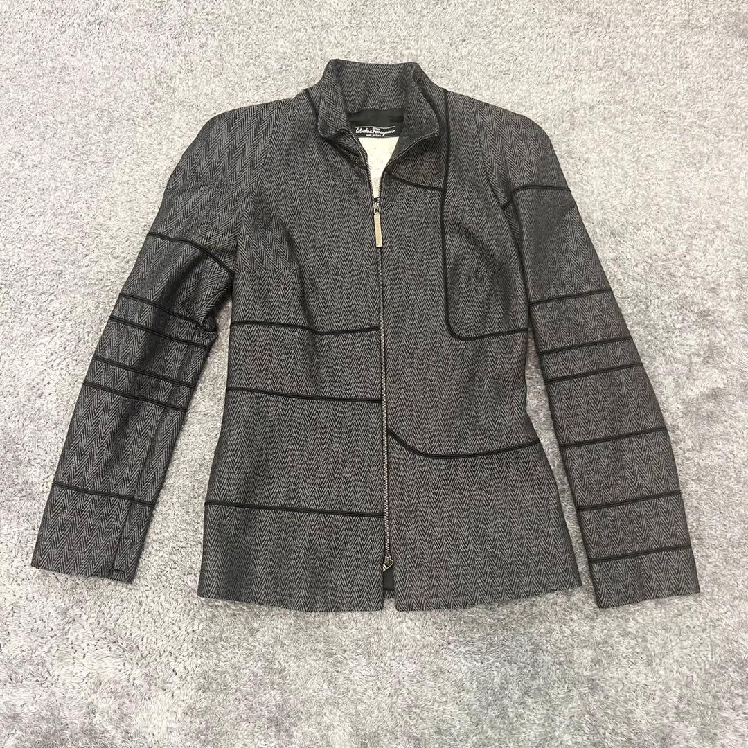 フェラガモ ウール×シルク ジップジャケット ヘリンボーン グレー 40 タグ付