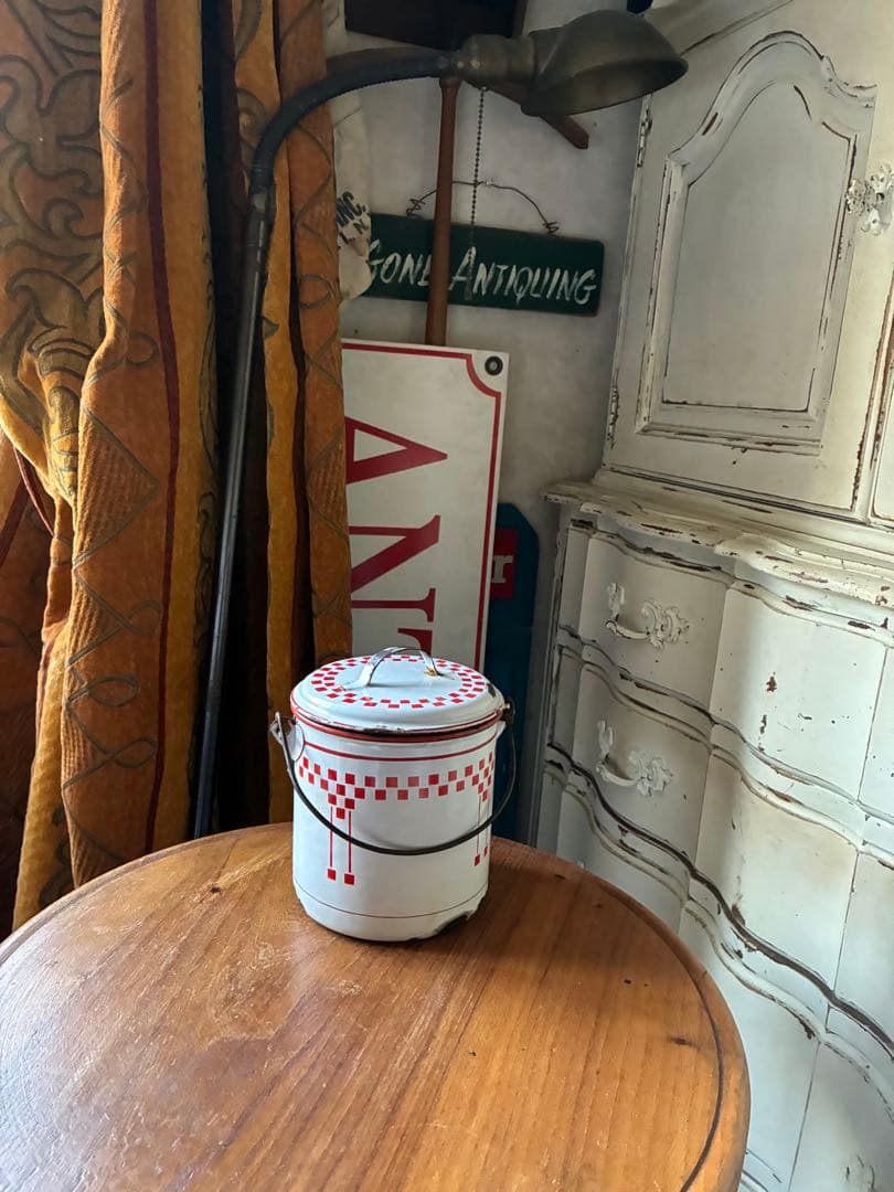 フランス　アンティーク　ホーロー　ストッカー　キャニスター　ダミエ　市松　レア