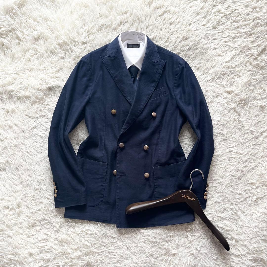 <美品>LARDINI 新ロゴ リネンコットン ダブル 紺ブレザー サイズ44