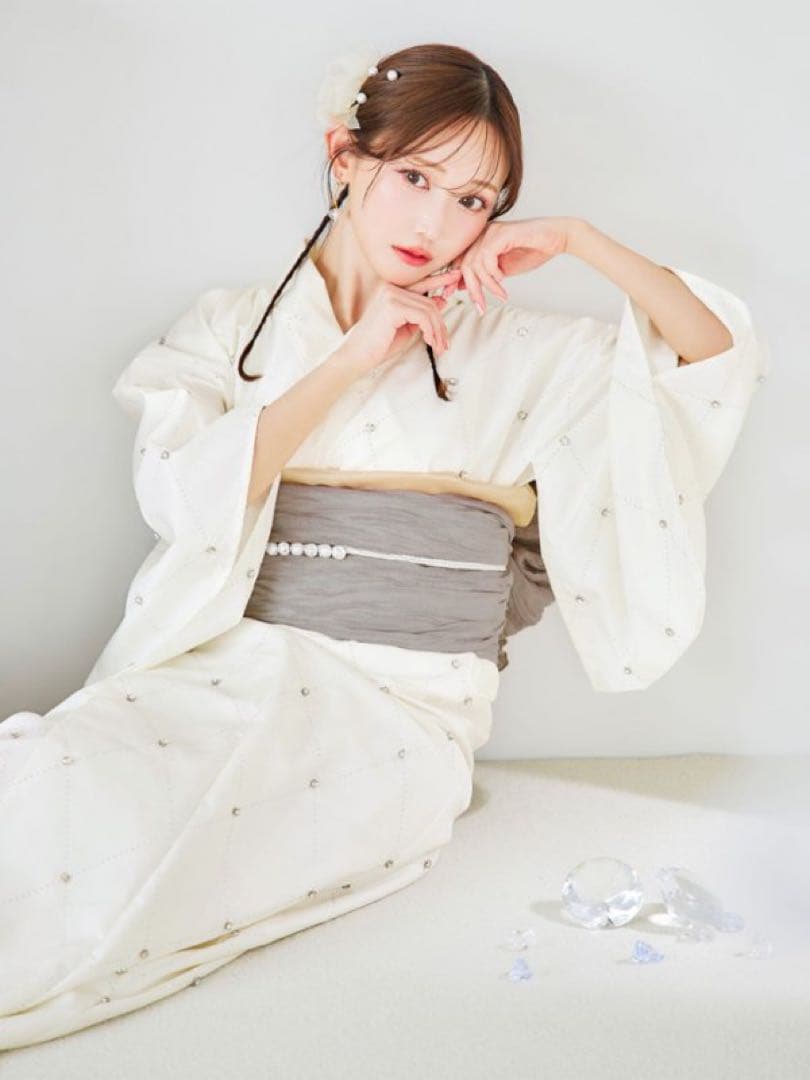 sugar 浴衣　アーガイルビジュー浴衣 リボンパールコサージュ 付き