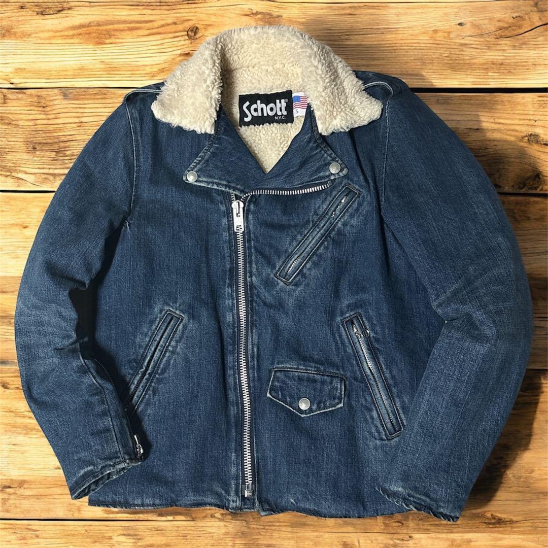 【希少】Schott デニムライダースジャケット　Sサイズ ボア