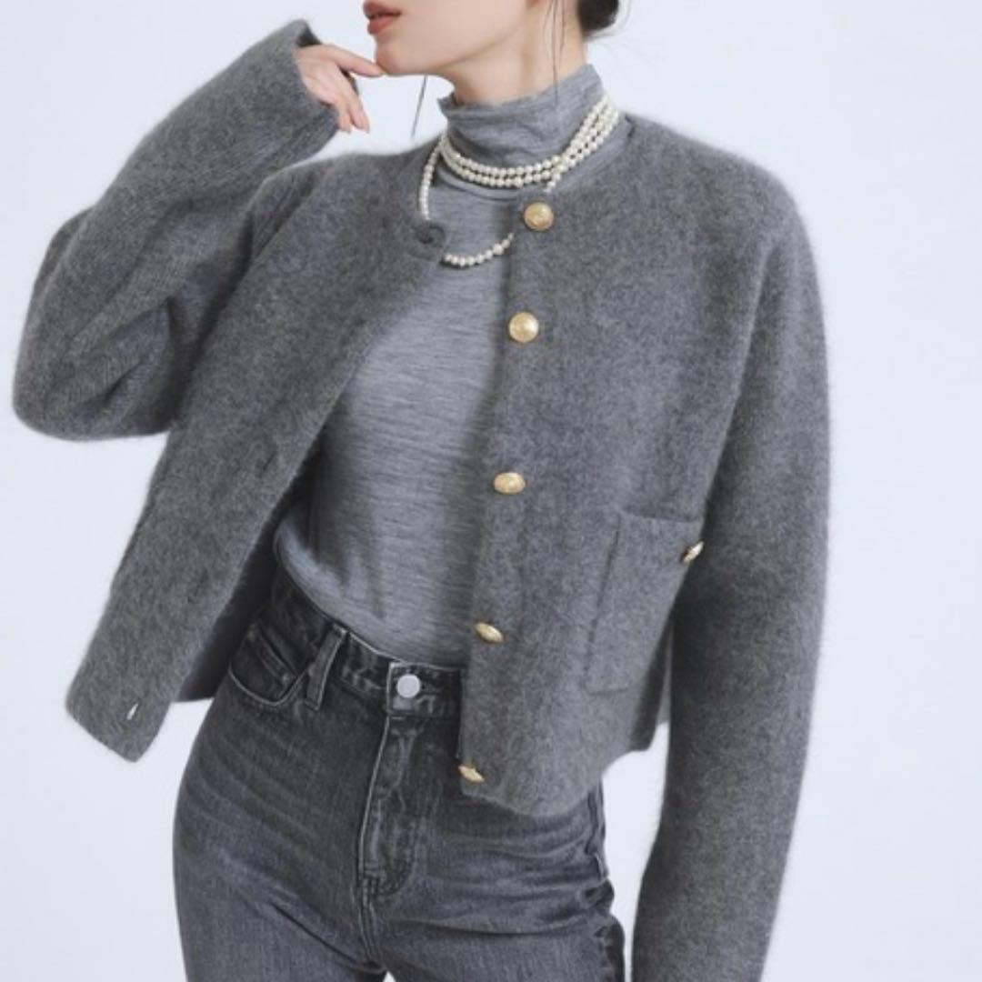 anuans アニュアンス　ラクーンブレンドノーカラーニットジャケット