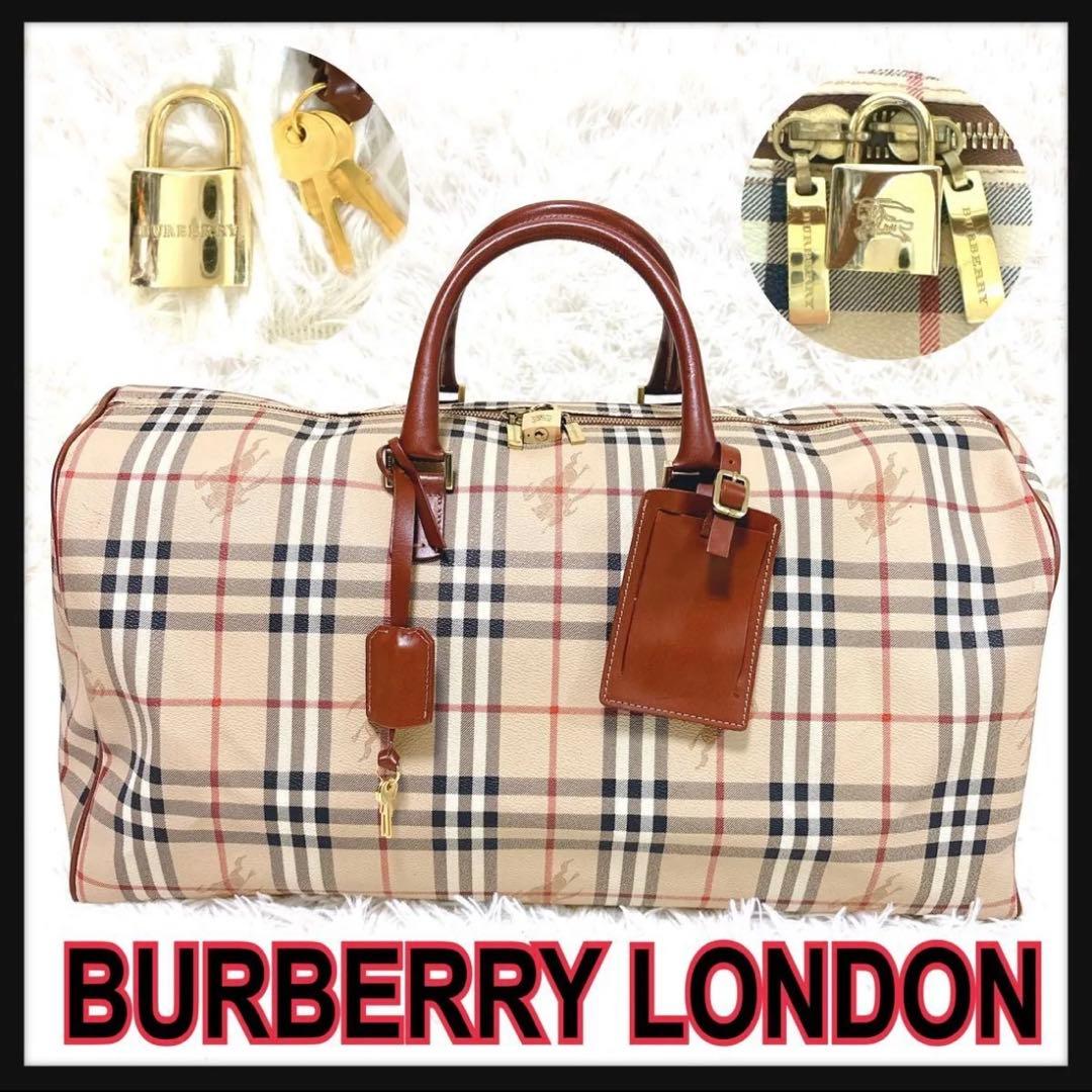 希少バーバリーロンドンノバチェックホースロゴレザー南京錠カギPVC大容量レア人気