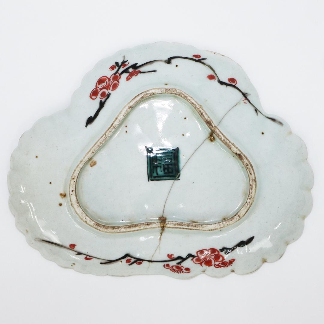 古九谷 変形皿 花 直し有り　箱付き