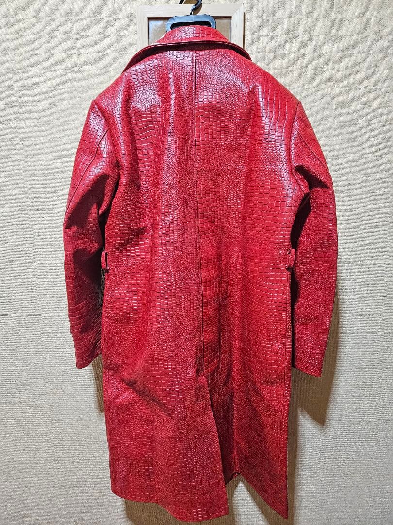 メンズ赤レザークロコダイル型押しロングチェスターコートXXL