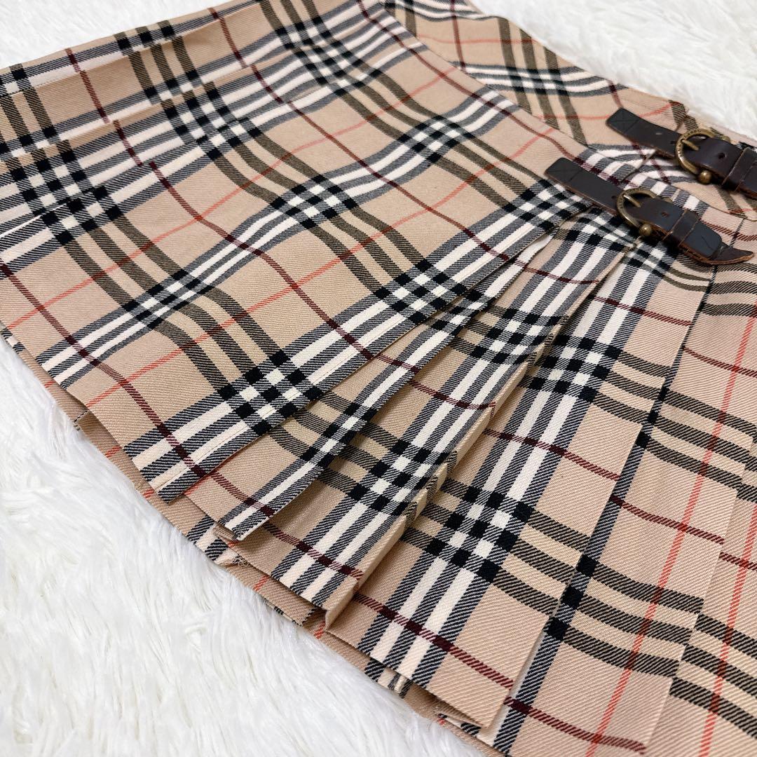 バーバリーブルーレーベル プリーツ　巻きスカート ノバチェック 革ベルト　36
