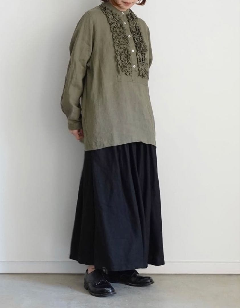 オンライン限定❣️ICHI Antiquites リネンフリルブラウス オリーブ