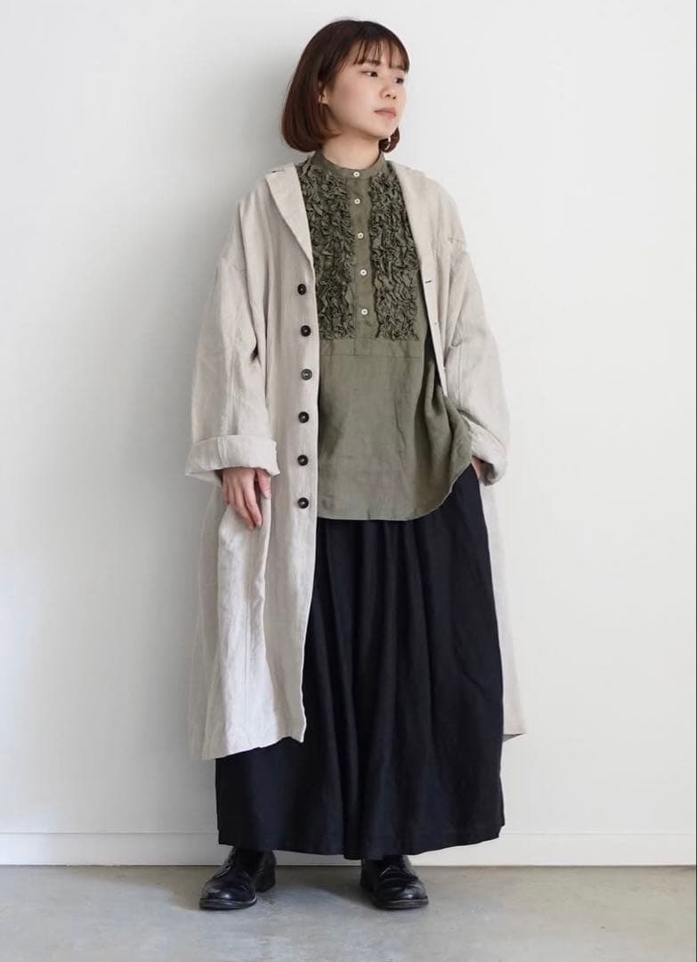 オンライン限定❣️ICHI Antiquites リネンフリルブラウス オリーブ