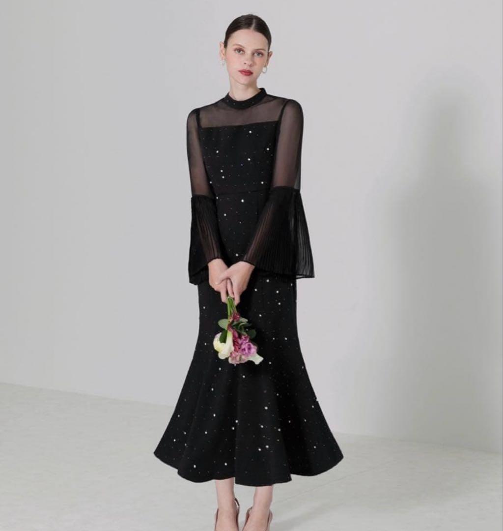 LEJAパールビジュープリーツフレアスリーブマーメイドワンピースドレス