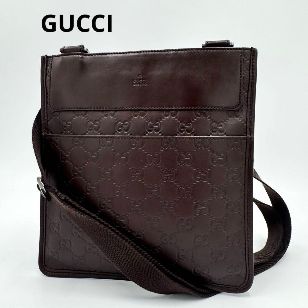 GUCCI グッチ シマ レザー ショルダーバッグ サコッシュ 斜めがけ 濃茶