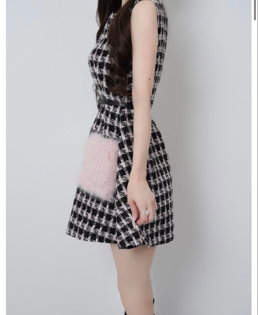 Lumignon ルミニョン ワンピース ツイード ポケット ファー S