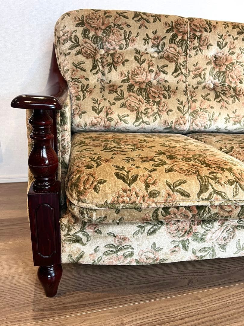 すずきさ！オールドカリモク 3Pソファ／花柄ファブリック／ヴィンテージ