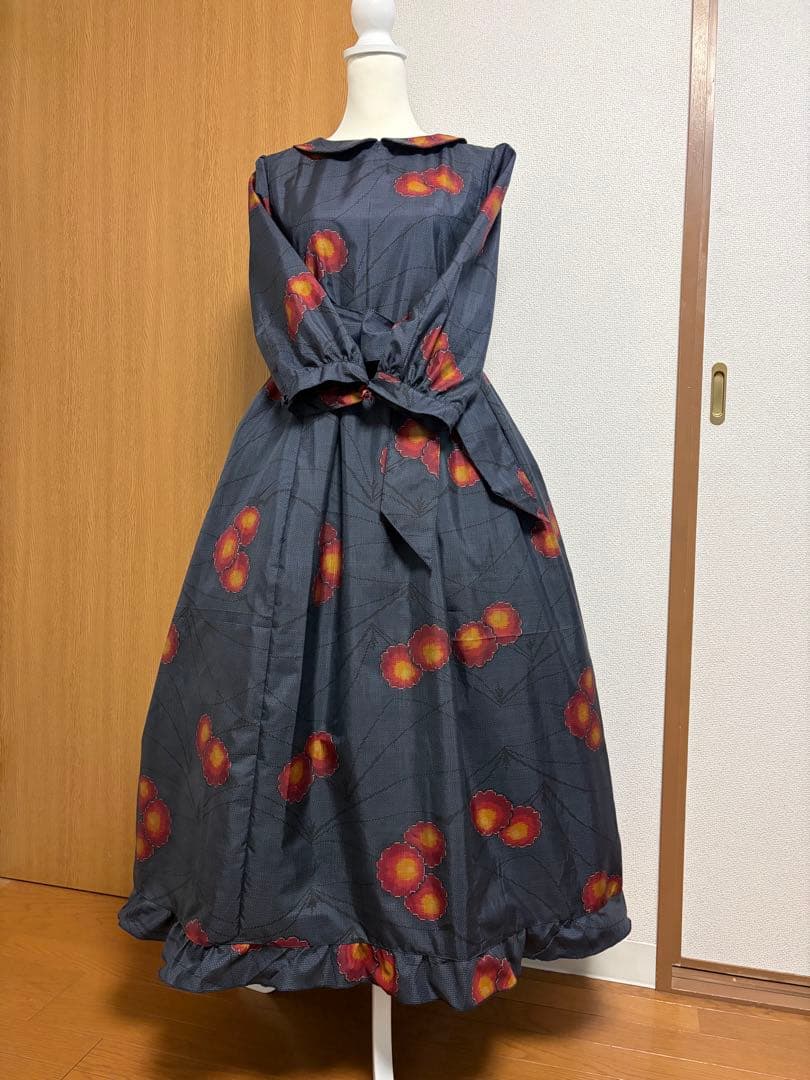 Miki　着物リメイク♪ 大島紬　ふんわりワンピース　MーL 花模様