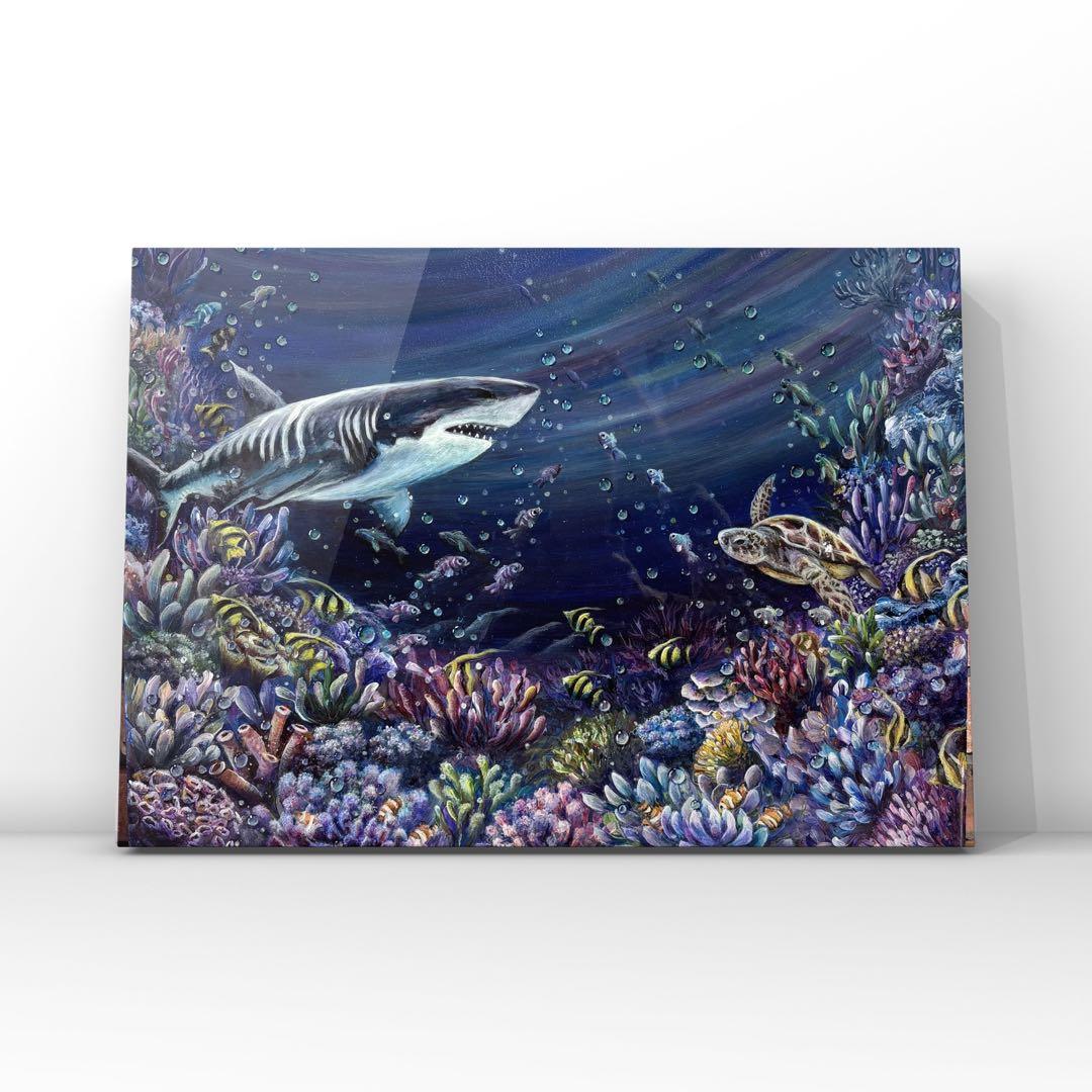 おっちページです　海　ホオジロザメ　珊瑚　レジンアート　原画　絵画