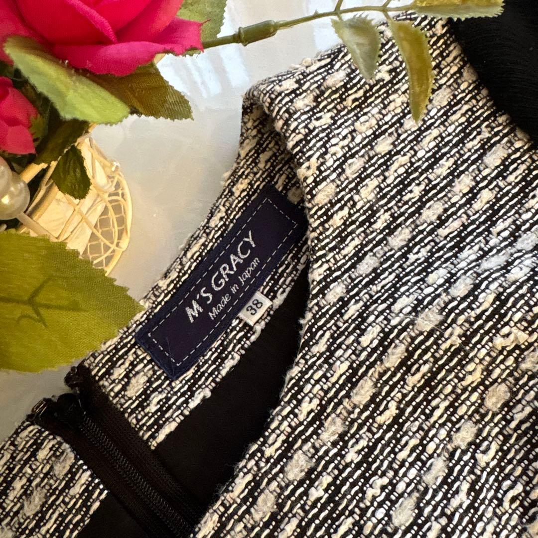 エムズグレイシー　袖ニットウエストグログランリボンお花柄モチーフワンピース 38