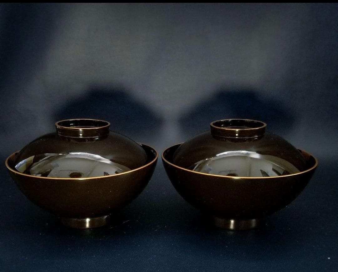 美品 輪島塗 黒漆塗 本金加賀蒔絵 金銀彩内・見返し総蒔絵 吸物椀 雑煮 2客