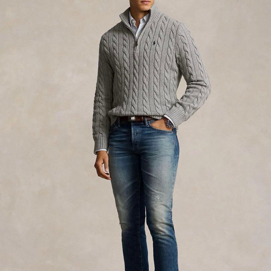 新品未使用 ポロラルフローレン ハーフジップ ケーブルニット M グレー