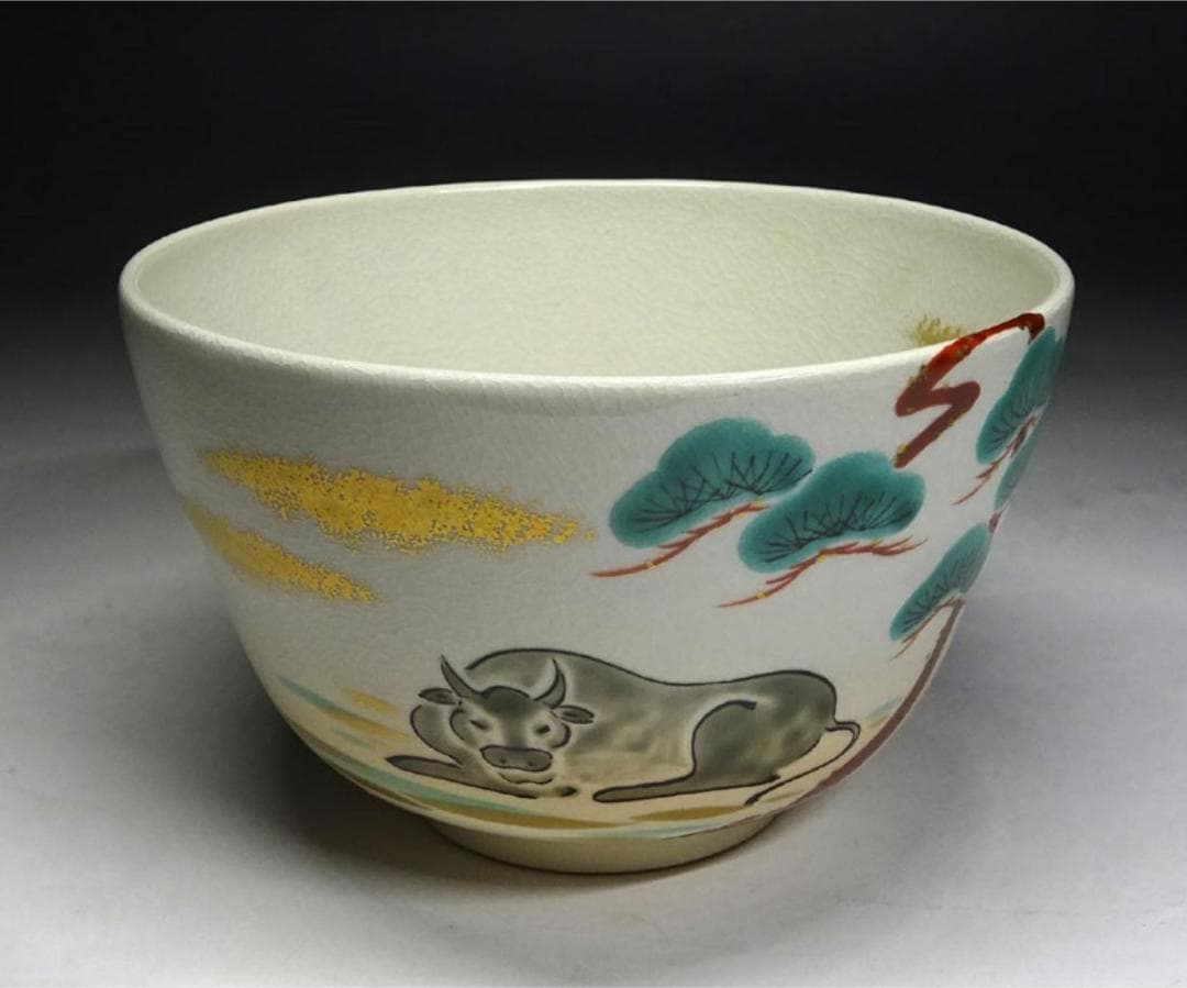 京焼 茶道具 平安清峰造 仁清風 色絵 茶碗 牛紋 共布 共箱 n12642