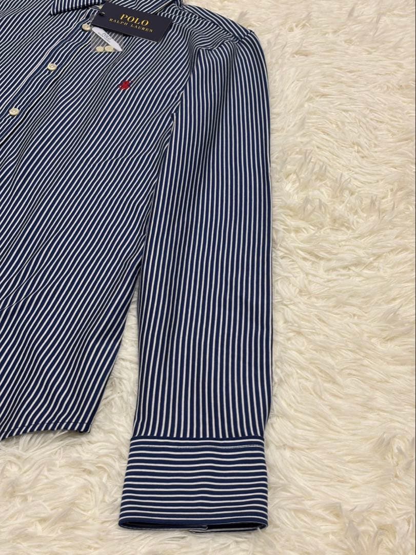 【新品】ポロラルフローレン ニットドレスシャツ ストライプ L ネイビー