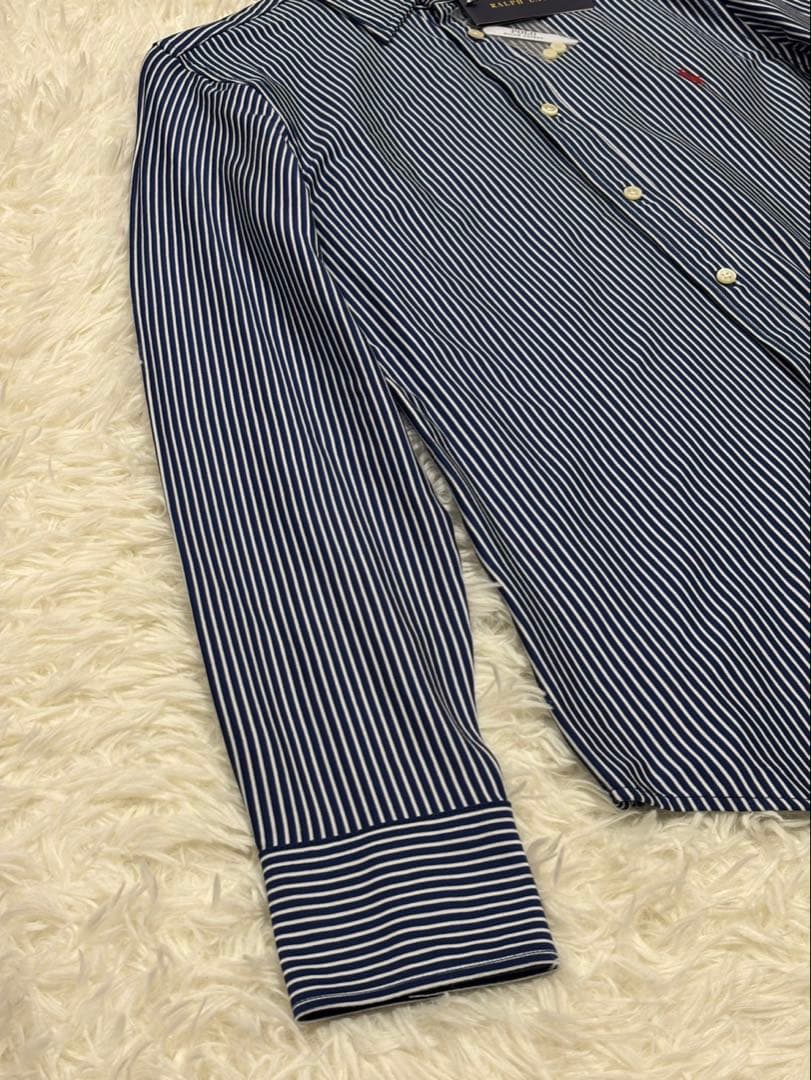 【新品】ポロラルフローレン ニットドレスシャツ ストライプ L ネイビー