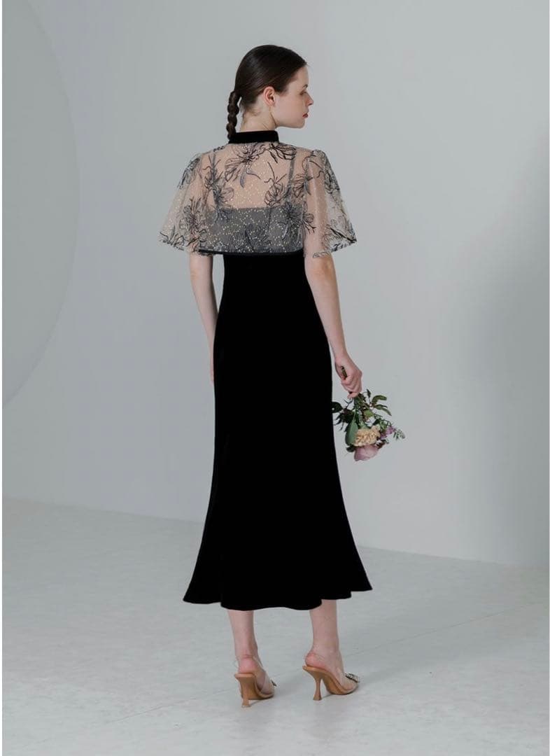 LEJA 配色パイピング花柄刺繍ボレロ付きベロアマーメイドキャミワンピースドレス