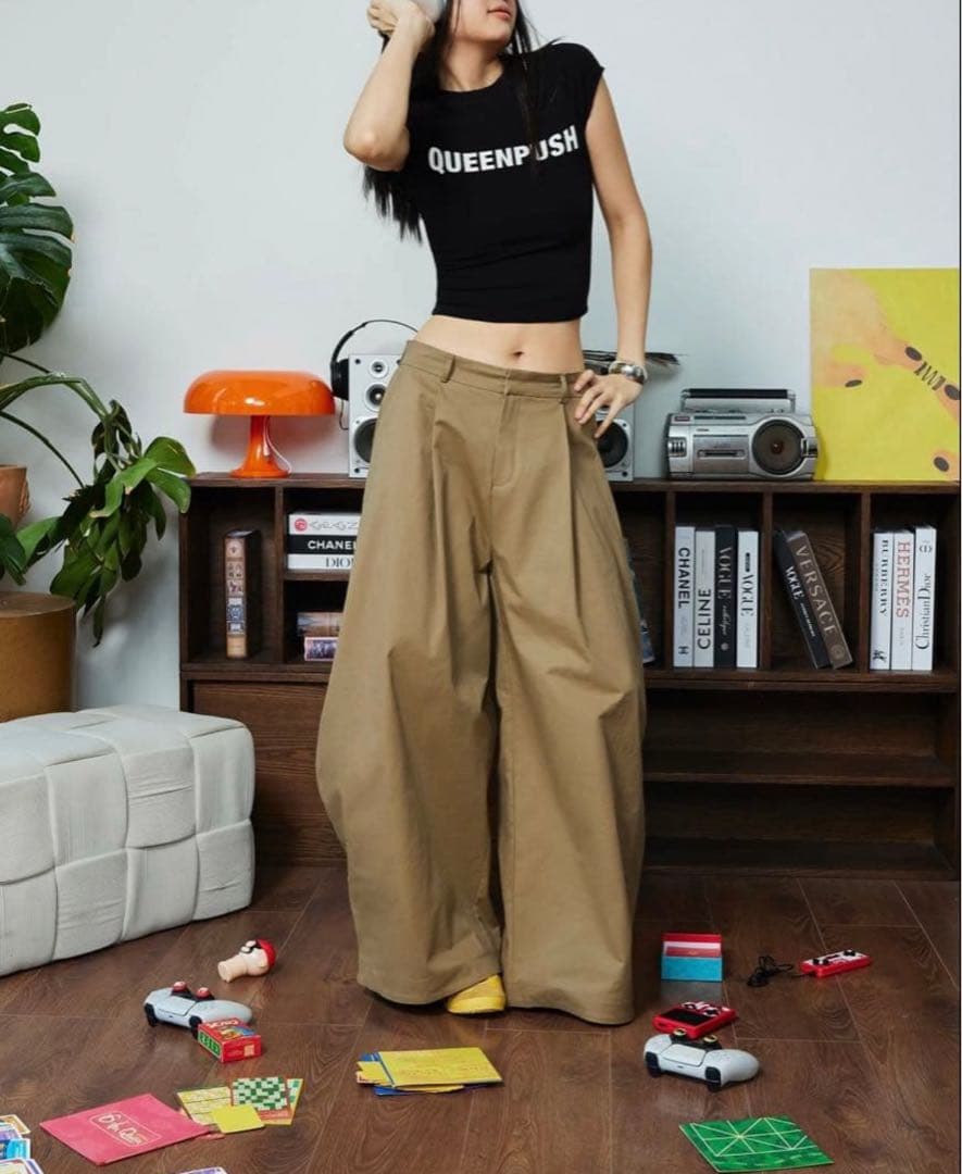 PUSHPUSH KHAKI PANTS ベージュ ワイドチノパンツ XLサイズ