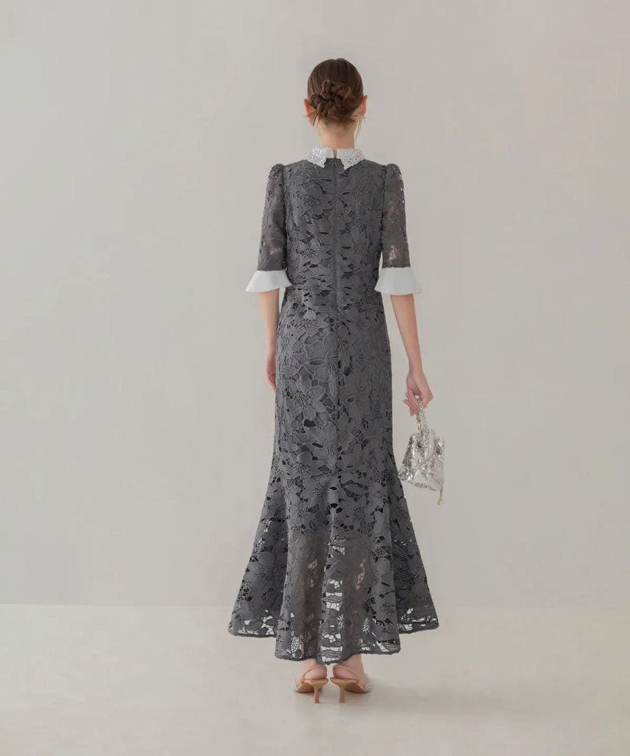 Leja パールカラーボウタイフラワーレースフィッシュテールワンピース