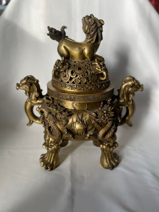 真鍮製 超特大 香炉 高級黄銅製香炉 銘有り 獅子 龍 縁起物 14.70Kg