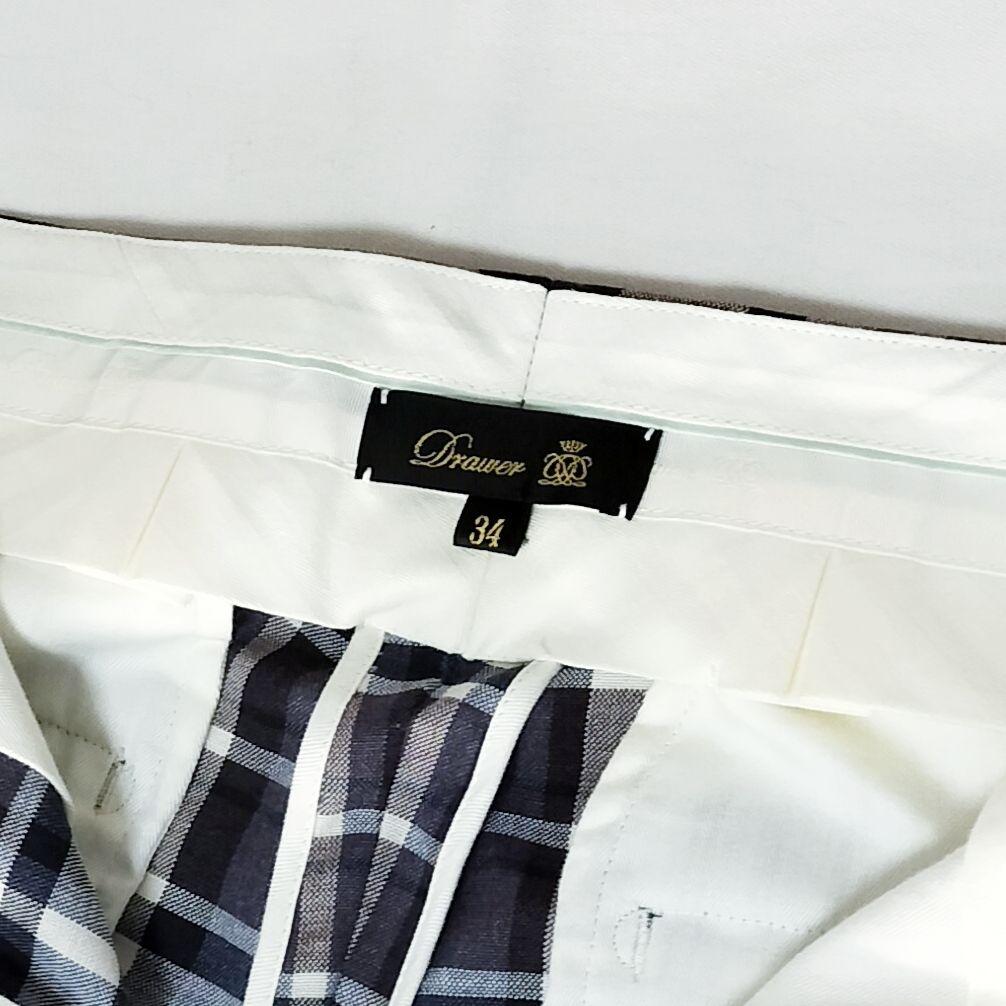 美品 Drawer パープルチェック フロントステッチパンツ 34