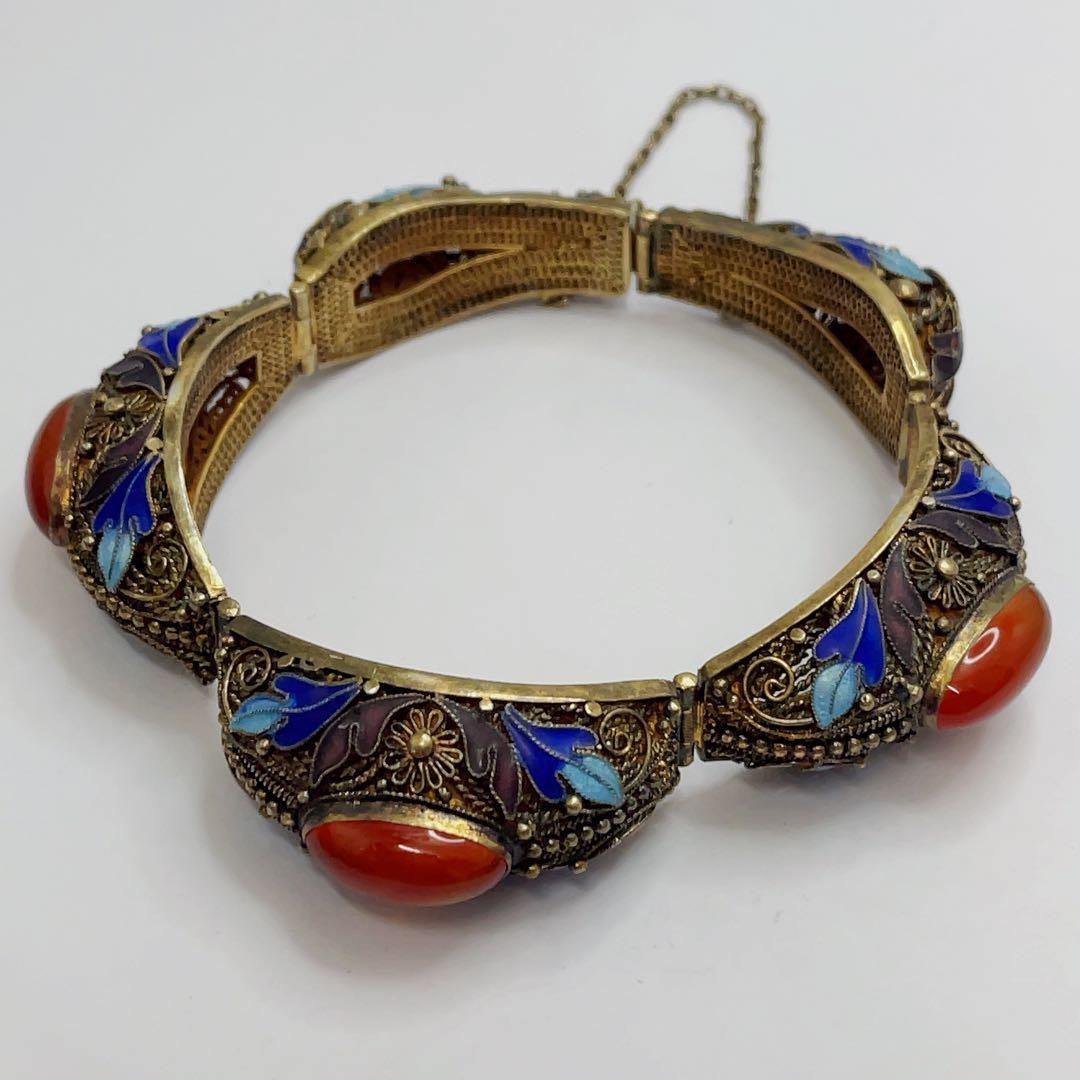 中国七宝 s925 銀線細工 天然石 ストーン ブレスレット バングル