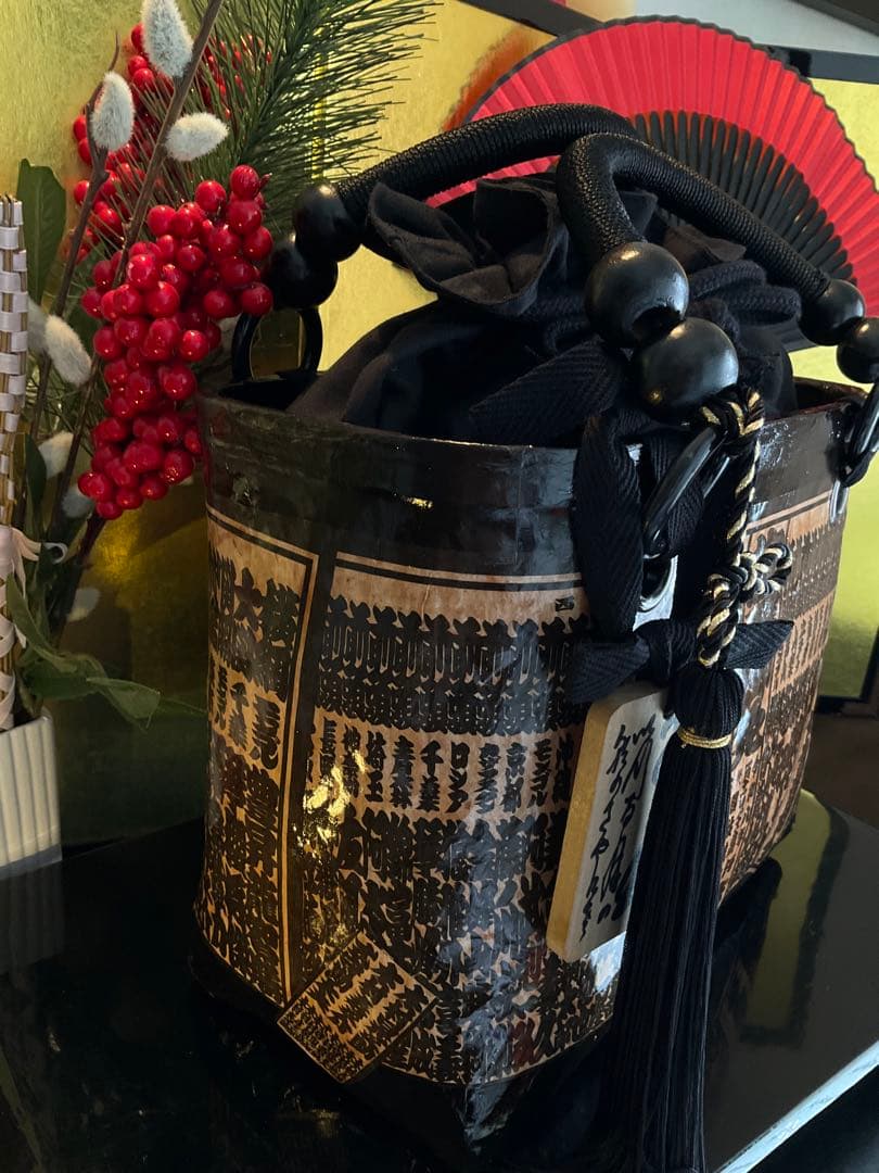 一閑張り　大相撲　相撲番付表　和風　かごバッグ　柿渋　一閑張りバッグ