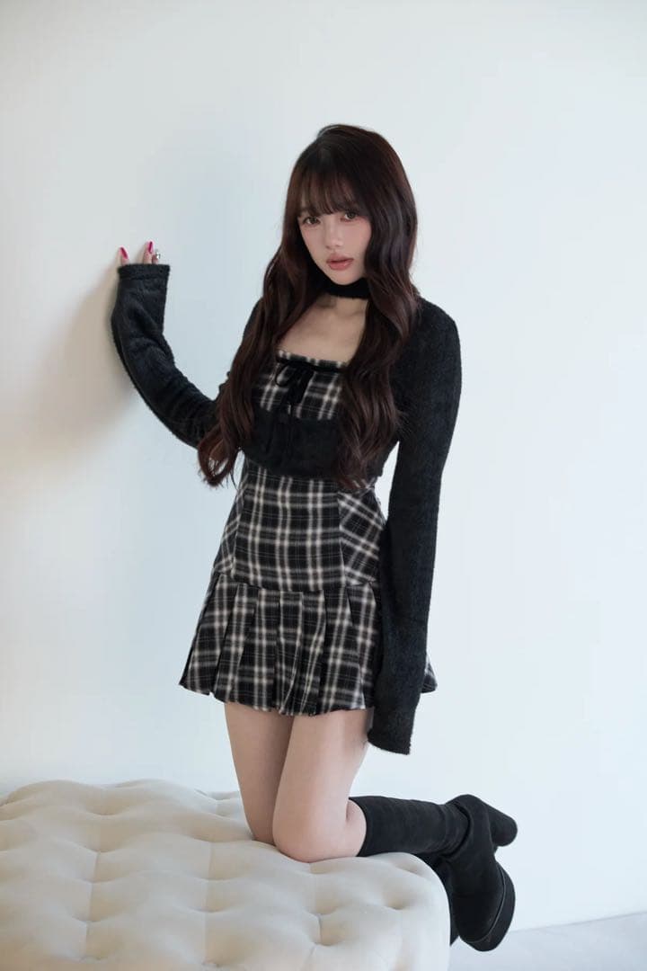 BunnyLis ファーボレロ×チェックミニワンピ ブラック