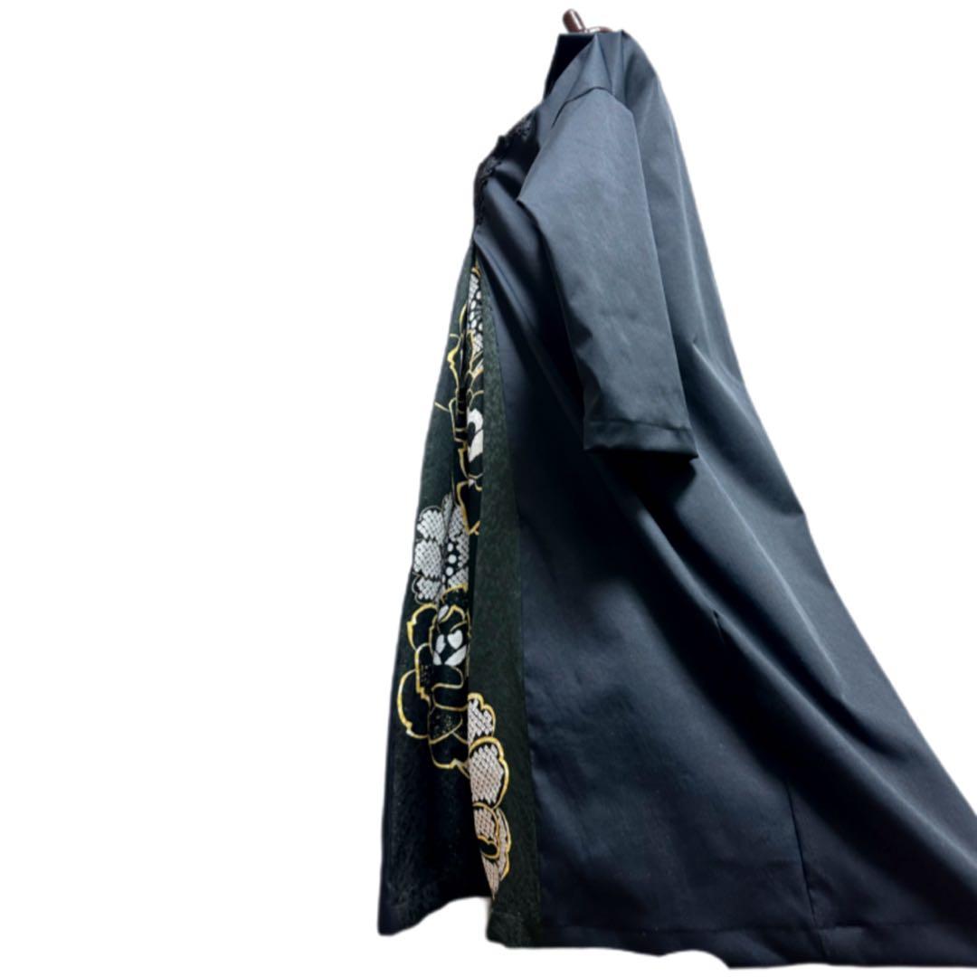 振袖　着物リメイク　ドレス　黒×ラメに薔薇や桜　和柄　ワンピース　ハンドメイド