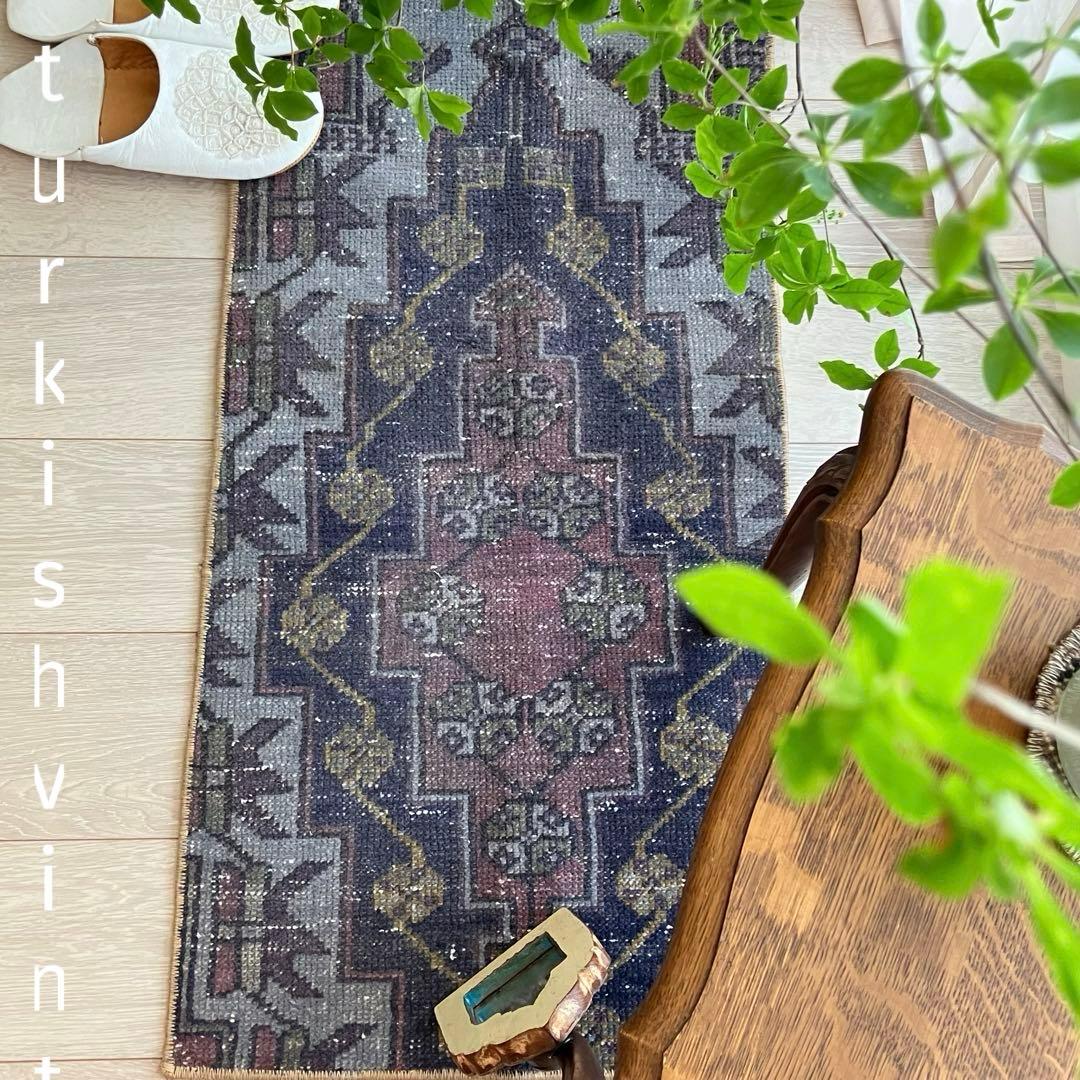 濃淡ブルー✳︎43×83 イエロー　ピンクメダリオン　トルコヴィンテージラグ