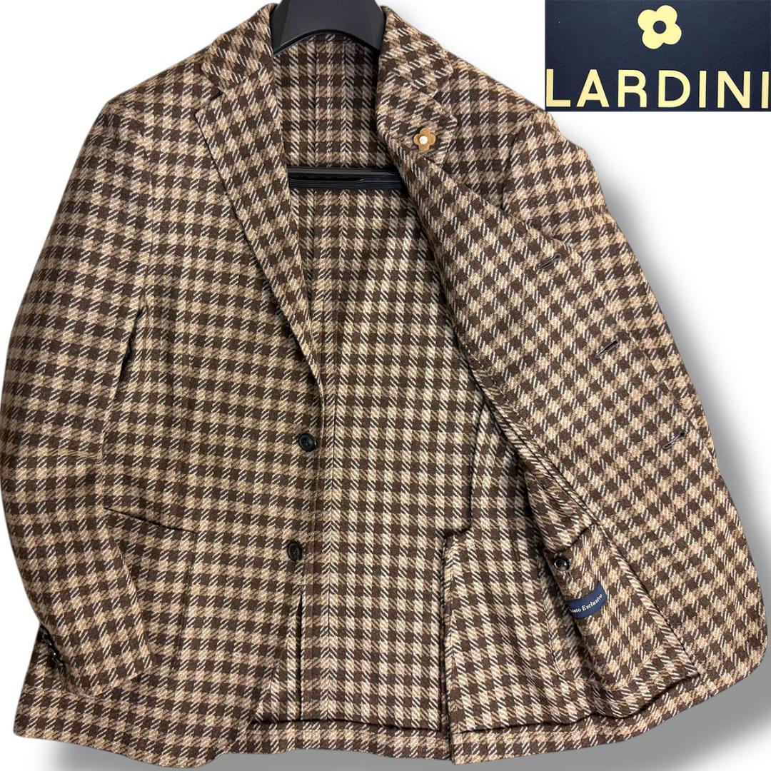 J6437 美品 ラルディーニ カシミヤ混チェック柄テーラードジャケット 茶48
